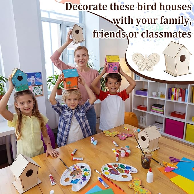 DoubleFill 48 Pack Wooden Bird Houses Bulk, Butterfly Wood Chips for DIY Unfinished Hanging Birdhouse Kits, Wooden Craft Houses to Paint Easter VBS Craft Family Crafts Party Favor