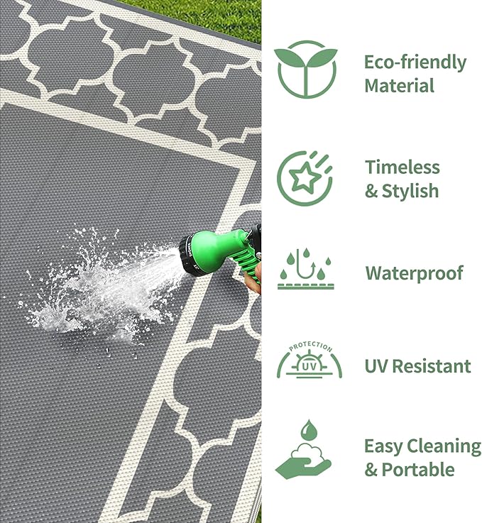 GENIMO 9 ' x 12 ' Outdoor Rug for Patio, Waterproof Indoor Outdoor Plastic Straw Rugs Carpet, Reversible Outside Area Mat for Camping, Balcony Porch, Deck, Picnic, Beach Grey & Beige White