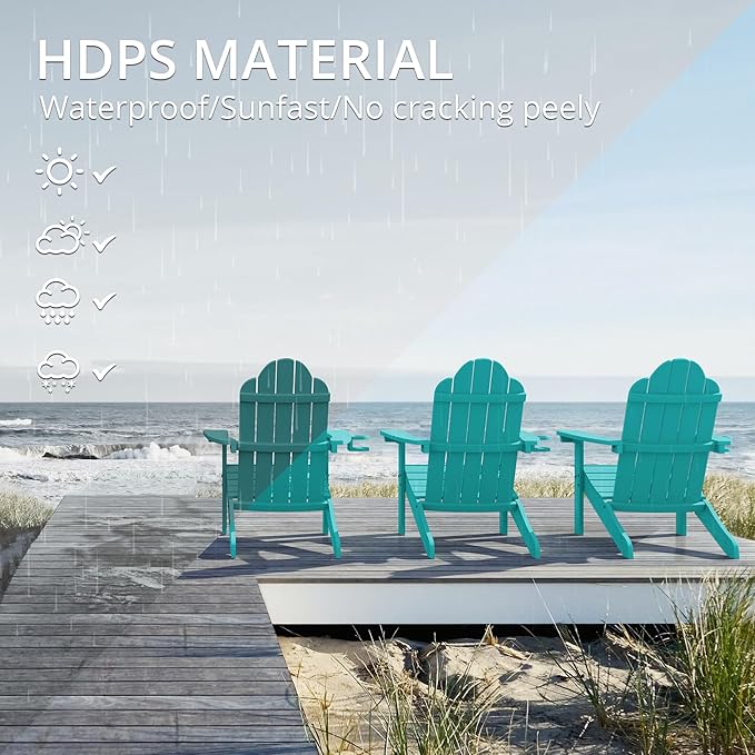 LUE BONA HDPS Adirondack Chairs Set of 6, Fire Pit Outdoor Chair Weather Resistant with Cup Holder, Modern Plastic Chair Plastic for Patio, Deck, Proch, 350LBS, Aruba Blue
