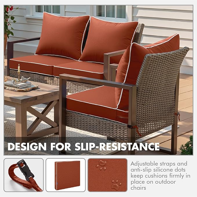 MIULEE Burnt Orange Outdoor Seat Cushion 24x24 Inch Waterproof & 3 Year Fade Resistant Deep Seat and Back Cushion for Patio Furniture Chair Sofa Couch with Handle and Adjustable Straps
