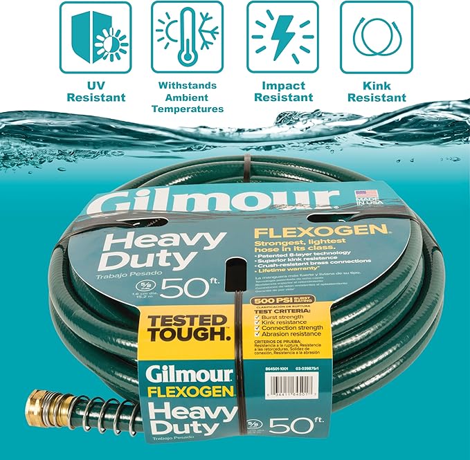 Gilmour Flexogen 5/8" x 50' Heavy Duty Flexogen Water Hose, Flexible Garden Hose for Vegetable Gardens, Flower Beds, and Lawn Sprinklers