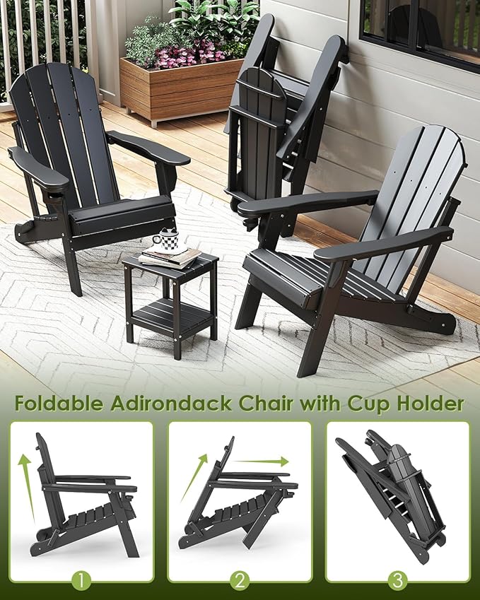 GREENVINES Folding-Adirondack-Chairs-Set-of-6 | HDPE Plastic | Fire Pit Chair | All Weather | Cup Holder | Black | for Deck Backyard Patio Outdoor Garden