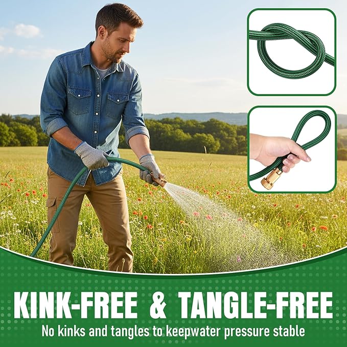 Garden Hose 50 ft NON-EXPANDABLE Water Hose, Flexible & Lightweight Kink Resistant Hybrid Hose, Leak-Proof Heavy Duty, Super Durable Fabric with 3/4" Solid Brass Connectors