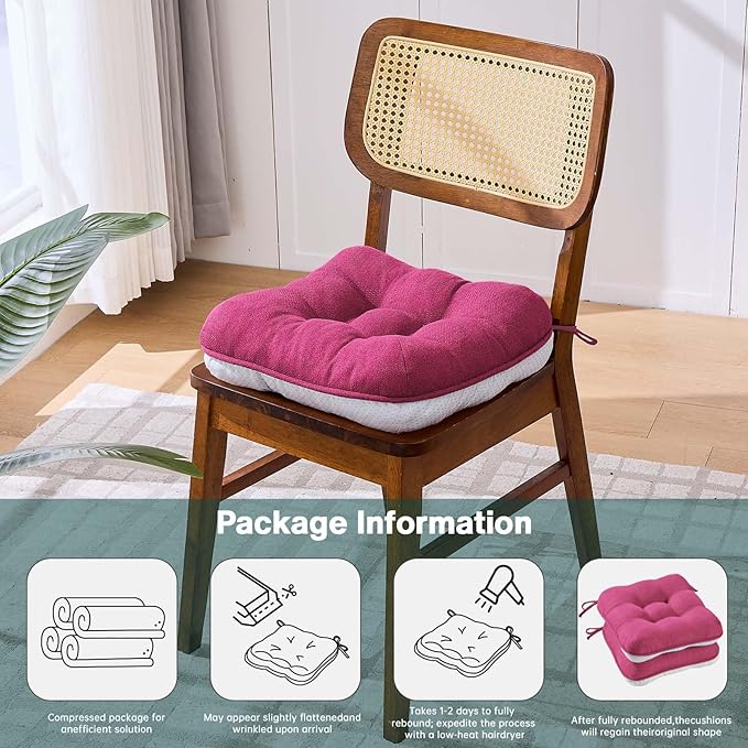 BETU Chair Cushions for Dining Chairs Set of 6,3.5" Thick Kitchen Table Chair Pads with Ties,Non Slip Backing and Covers, Seat Cushion for Dining Room,Bar,Patio Chairs,16"X16"X3.5",Hot Pink