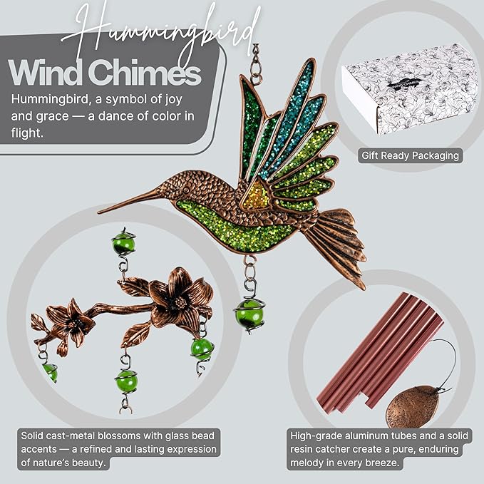 Wind Chimes for Outside, Wind Chimes Outdoor Clearance, Soothing Tones, Hummingbird Wind Chime, Memorial, Sympathy Gift, Patio, Porch, Home Décor, Modern, Art Décor, Bronze (32" Hummingbird)