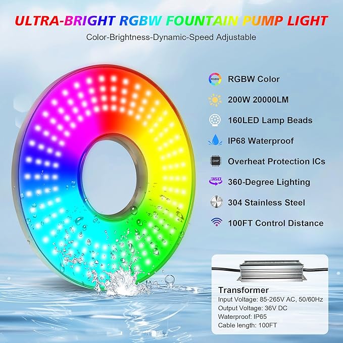 Goldlife Pond Fountain Aerator Lights, 200W RGBW 20000LM 160LED Fountain Light With 100FT Power Cord, IP68 Waterproof Stainless Steel Wireless Sync Control Floating Fountains Pump Light for Lake Ponds