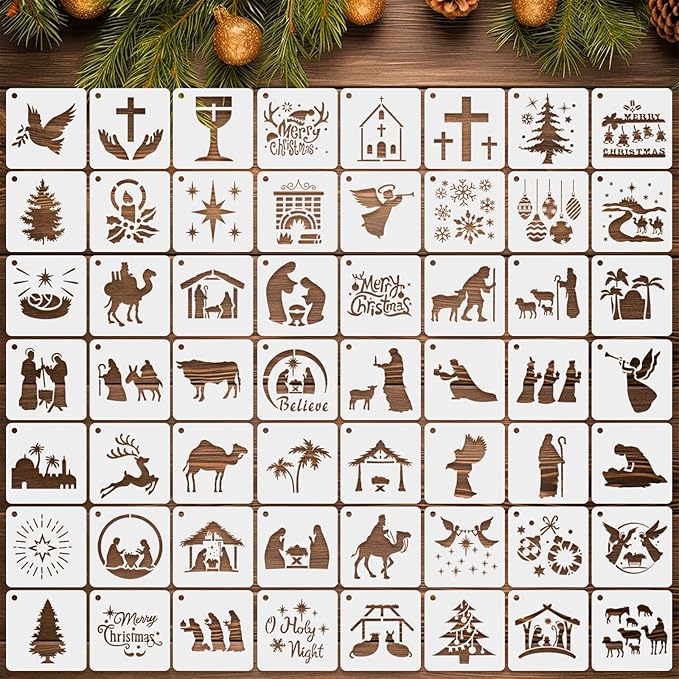 Augshy 56 Pack Christmas Nativity Stencils for Painting on Wood DIY Nativity Scene Stencils for Painting Scrapbooking Drawing Wall Floor Decor DIY Rock Painting Art Projects (3 Inch)