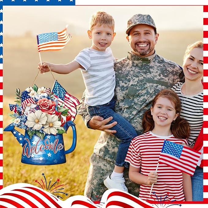 Juexica 4th of July Door Decor Patriotic Wooden Hanging Sign Independence Day Memorial Day Decoration American Flag Bouquet Door Hanger for Outdoor Farmhouse Porch