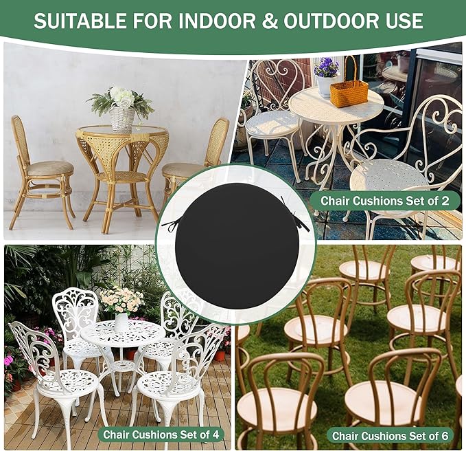 Outdoor Bistro Chair Cushions Set of 2, 15" D x 3" H Round Chair Cushions Waterproof and Fade Resistant Chair Cushion Pads with Non-Slip Ties and Removable Covers for Garden, Black