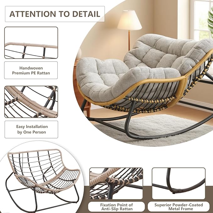 Oversized Rocking Chair,Outdoor/Indoor Patio Papasan Rocker with Thick Cushion, Rattan Wicker Lounge Egg Chair for Bedroom, Living Room, Porch, Garden Backyard-Grey