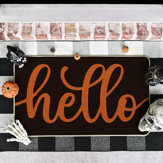 Artoid Mode Black Orange Hello Halloween Doormat, Home Decor Low-Profile Switch Rug Door Mat Floor Mat for Indoor Outdoor 17x29 Inch