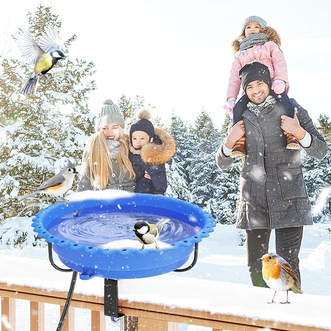 Heated Bird Bath for Outdoors, Upgraded 100W Thermostatically Controlled Heated Bird Baths for Deck Railing Large Capacity Heated Birdbath for Outside Winter Garden Yard Patio Lawn (Blue)