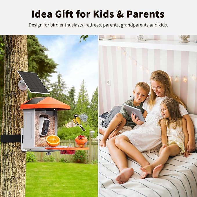 Bird Feeder with Camera with AI Identify Birds Species Solar Powered, Smart Bird House with Cam, 2K HD Video Live Stream, Instant Arrival Alerts - Orange