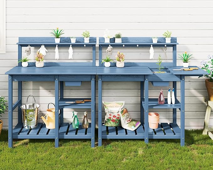 SERWALL Outdoor Potting Bench 2-Piece Set, Rot-Resistant HDPE Potting Table with Removable Sink for Outside Gardening, All-Weather Use - Blue