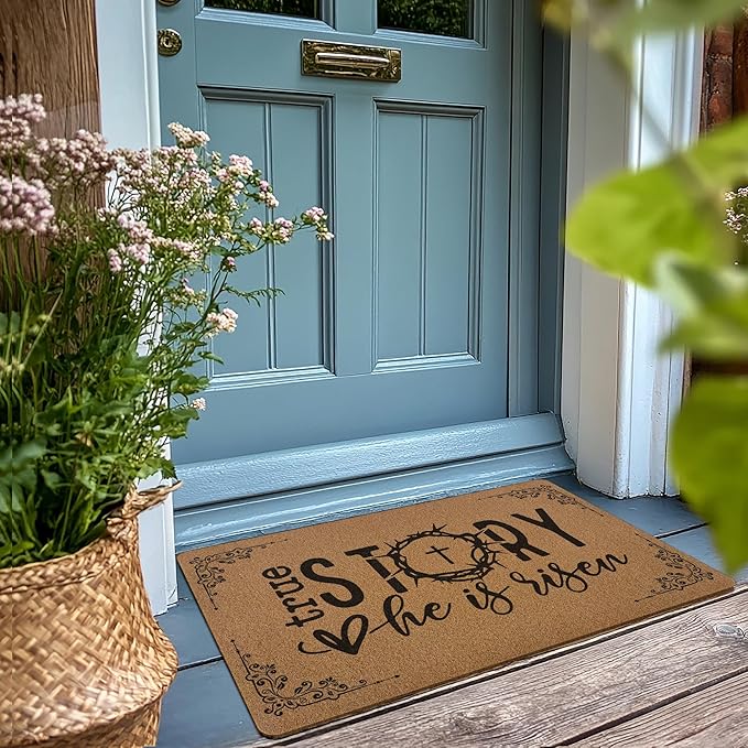 Christian Easter Door Mat Doormat, He is Risen Bible Verse Welcome Front Door Mat Indoor Outdoor Entrance, Religious Easter Artificial Coir Doormats Rugs for Porch Entryway Decor 30x17in