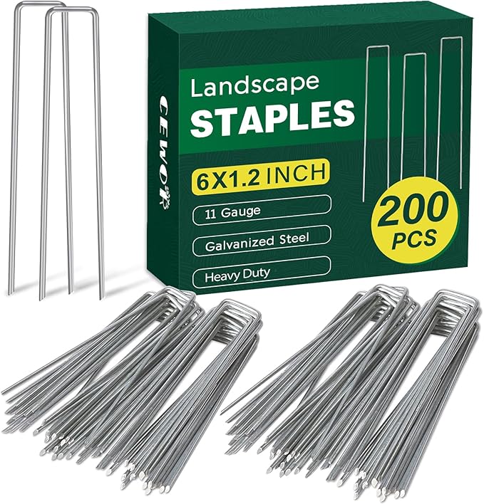 CEWOR 200 Pack 6 Inch Landscape Staples, 11 Gauge Galvanized Garden Stakes U-Shaped Landscaping Fabric Pins Yard Ground Staples for Lawn, Fence, Plant Cover, Turf, Tent