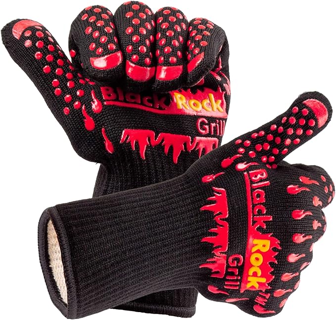 Black Rock Grill Fire & Heat Resistant Cooking Gloves 923F -30cm Silicone Safety Oven Mitts with Fingers- Gloves for Grilling, BBQ, Fireplace, Lava Stones, EN407,EN388, EN ISO 21420 Certified (Large)