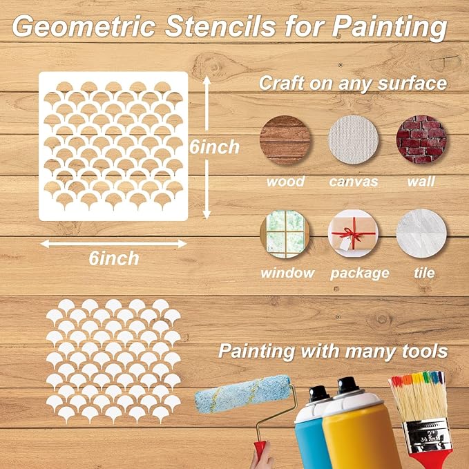 Geometric Stencils for Painting, 16PCS 6" Plastic Stencils for Crafts Reusable, Spiral Vortex & Sunburst Patterns, Drawing Templates for Modern Wall Art, Furniture, Canvas & Home Decor