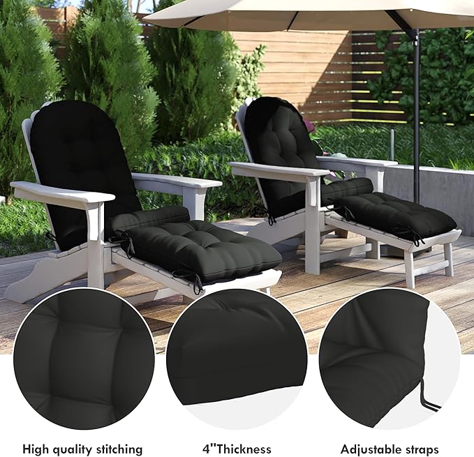 Adirondack Chair Cushion with Ottoman, Folding Adjustable Adirondack Seat Cushions, Waterproof Adirondack Patio Chair Pads for Garden, Deck, or Poolside, Small-Black-2