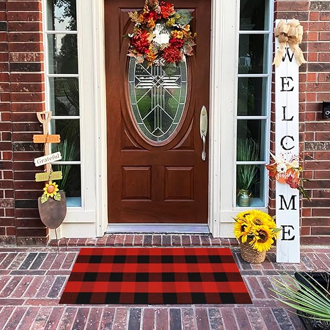 MUBIN Black and Red Plaid Rug 2x4 ft Outdoor Buffalo Checked Rug Halloween Christmas Decor Cotton Reversible Hand-Woven Indoor Washable Front Porch Rugs for Layered Front Door Mats
