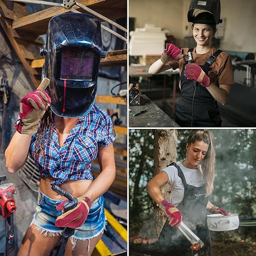 Women's Cotton Lined Leather Work Gardening Gloves, Rose Trimming, TIG/MIG Welding, Construction, Farm, Ranch Flexible Cowhide Gloves, Comfortable, Durable (Small)