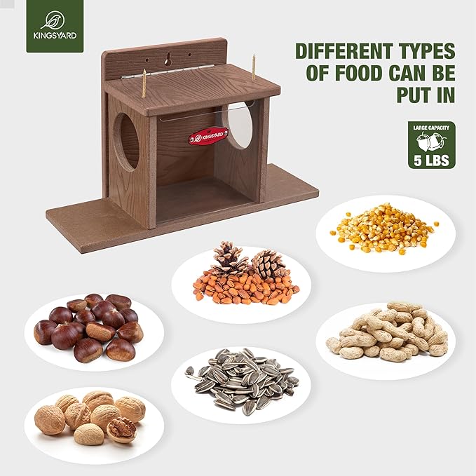 Kingsyard Squirrel Feeder Box for Outside, Recycled Plastic Squirrel Feeder Box with Corn Cob Holders, Easy to Refill & Clean, Weather-Proof (Brown)