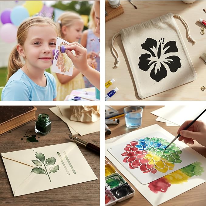 12PCS Large Flower Stencils for Painting, 12x12 Inch Reusable Floral Stencils, Rose Hibiscus Daisy Sunflower Stencil, Flower Stencil for Wall, Garden, Fence, Furniture, Wood, Garden, Fabric, DIY Decor