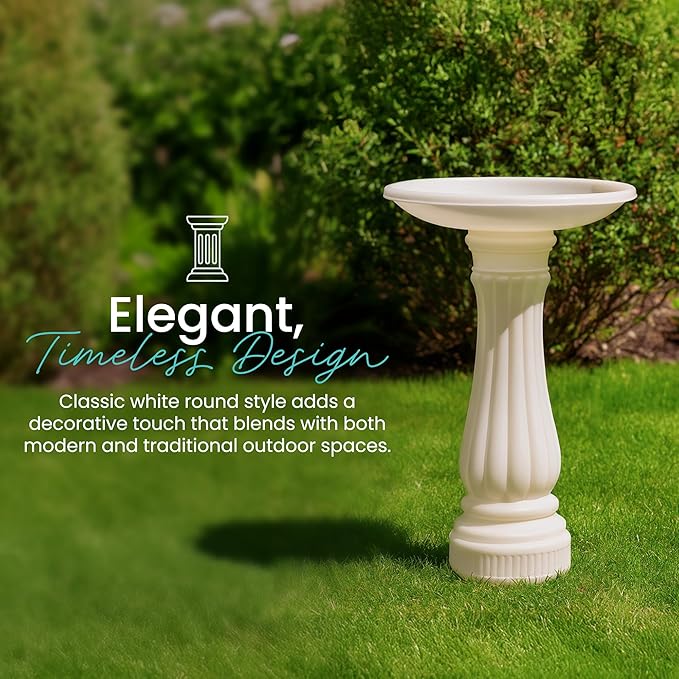 Bird Bath for Outside, Round Outdoor Patio Lawn and Garden Decor with Fillable Base for Stability, 17"D x 25"H, White