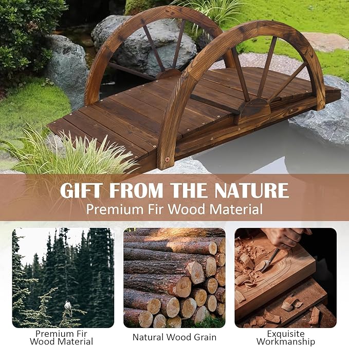 5 FT & 3.3 FT Wooden Garden Bridge, Stained Wood Arc Footbridge with Chain or Half-Wheel Railings for Backyard Pond, Creek, Farmhouse Landscape Decor, Easy Assembly (Brown-3FT)