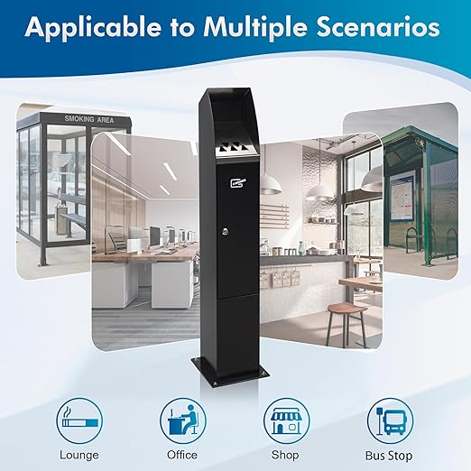 Commercial Trash Can Disposal Outdoor Vertical Trash Can Standing Rubbish Bin for Patios Gardens Hotels Pubs Offices(Black)