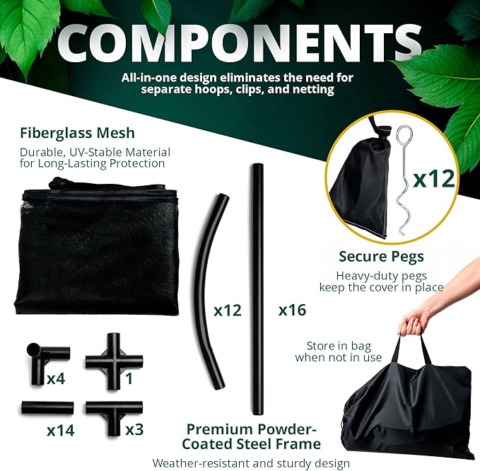 Raised Garden Bed Cover for 6x3 - Premium Black Fiberglass Mesh with Steel Frame for Natural Pest Protection - Dual Zipper Access Crop Cage