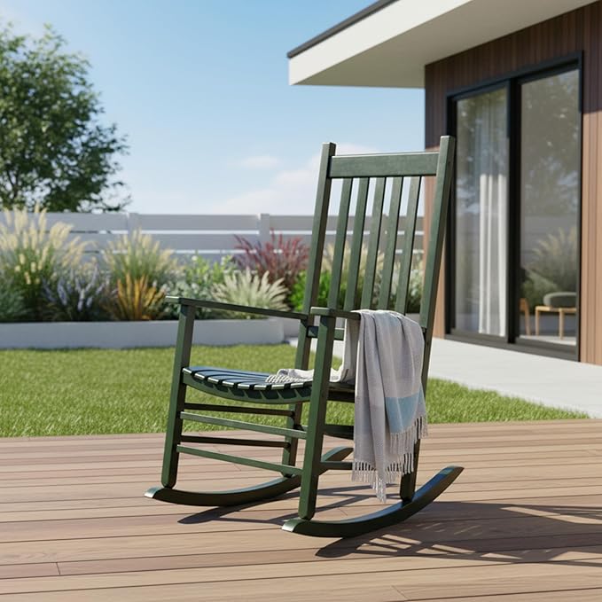 Shine Company Vermont Porch Rocker, High Back Wood Rocking Chair, Dark Green