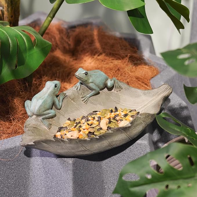 Bird-Feeder Wild Birdbath Bowl Outdoors - Garden Decor Birdfeeder for Outdoor Polyresin Frogs on Leaf Bath Bowl for Outside Yard Table Decor 12 x 7.25 x 3.5 inch Newman House Studio