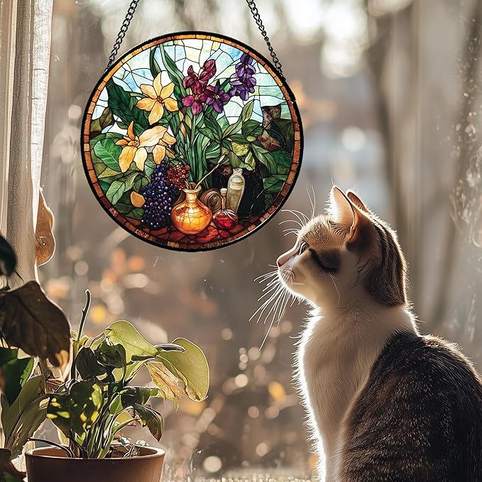 Stained Glass Window Hanging Berry Plant Purple Yellow Flowers in Vase 6.3" - Suncatcher Door Garden Sun Catcher Home Decor Birthday Christmas for Mom Men Woman Nana