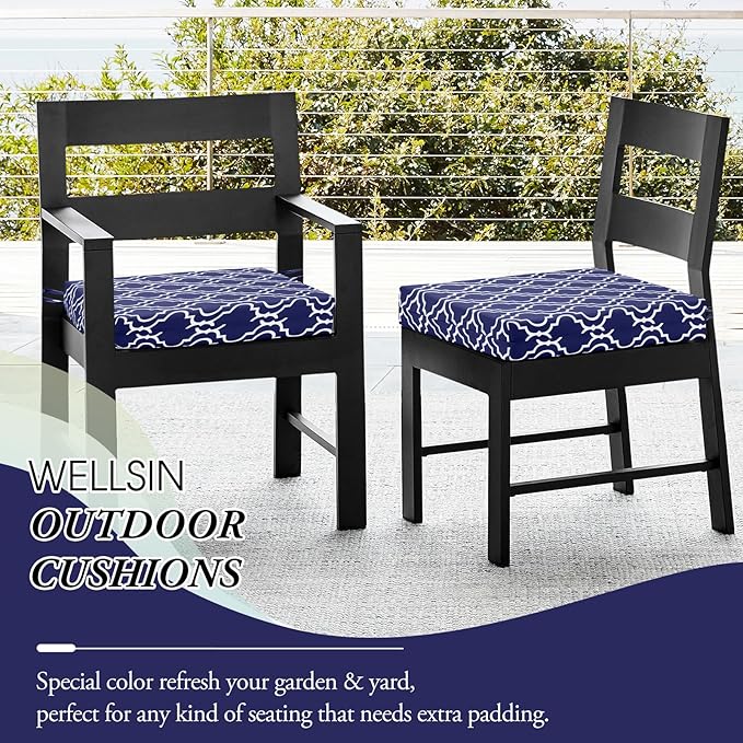 Wellsin Outdoor Chair Cushions for Patio Furniture - Outdoor Cushions for Chairs - Water Resistant Patio Chair Cushions Set of 4, 18.5"X16"X3", Trellis Navy