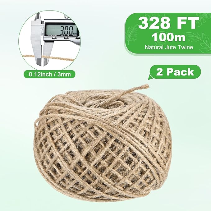 2-Pack Natural Jute Twine String, 3mm x 328ft/100m Long Garden Twine Balls for Crafts/Gift Wrapping/Gardening Plants, Durable Plant Ties Thick Rope [Brown]