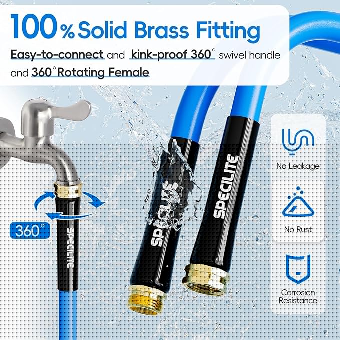 SPECILITE Hot/Cold Garden Water Hose 75 ftx 5/8 in, -50℉ To 190℉, Heavy Duty, Flexible, Burst 605 Psi, Lightweigh, Upgraded Rubber Pipe with 3/4" Brass Fittings For Backyard, Outdoor, Farm, Blue