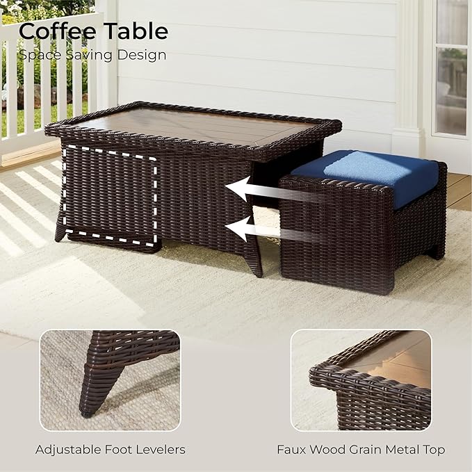 CHITA 6 Pieces Wicker Patio Furniture Set, Outdoor Conversation Set with 2 Pieces Rattan Rocking Swivel Chairs, 2 Pieces Ottomans and 3-Seater Sofa