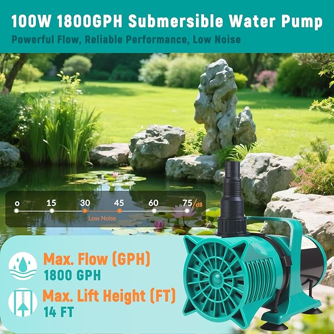 100W 1800GPH Submersible Pond Pump, Ultra Quiet & Energy Efficient Water Pump, 20FT Cord, 14FT Lift, Multi-Angle Nozzle for Koi Pond, Fountain, Waterfall, Aquarium, Garden Use, UL Listed