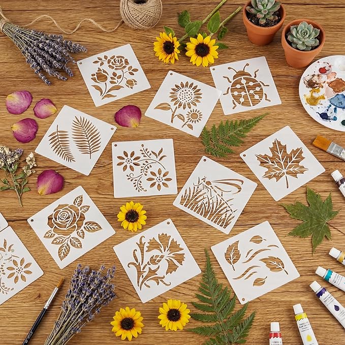 Marspark 72 Pcs Spring Easter Small Stencils for Crafts Reusable 3 Inch Stencils for Painting on Wood DIY Craft Paint Template for Wall Home Decor Card Rock Canvas Drawing Holiday (Flower Plants)