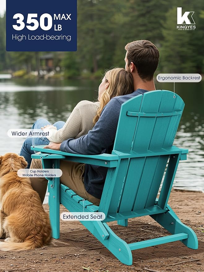 KINGYES Folding Adirondack Chair with Dual Cup Holders - HDPE All-Weather Outdoor Chairs, Wood-Like Patio Chair for Backyard, Camping, Pool & Fire Pit, Aruba