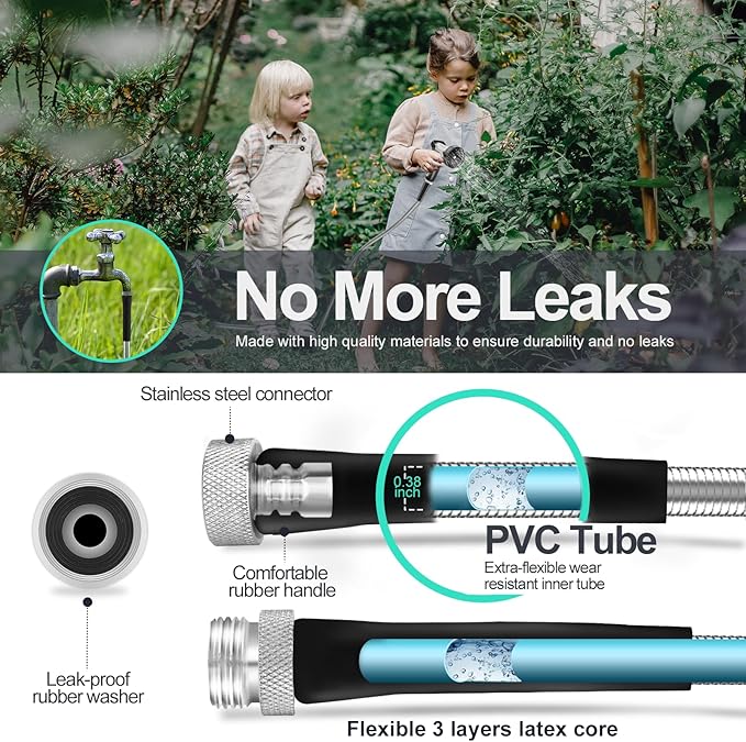 SPECILITE 75ft 304 Stainless Steel Garden Hose Metal, Heavy Duty Water Pipe with Nozzles for Yard, Outdoor - Flexible, Never Kink & Tangle, Puncture Resistant (Sliver)