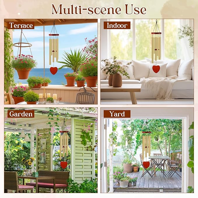 Leinuosen Wind Chimes for Outside Wind Chimes Outdoors Deep Tones 28" with 6 Aluminum Tubes Memorial Sympathy Windchime for Valentine Tree Decor Garden Courtyard Mom Loved One Gifts(Heart,Gold)