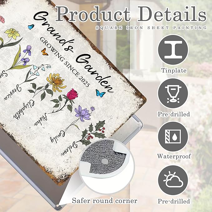 Custom Garden Signs Personalized Metal Tin Sign for Women, Retro Funny Birth Flower Metal Sign for Outdoor, Patio, Yard Rustic Home Decor Gift for Mothers Day, Grandmas, and Gardening Lovers