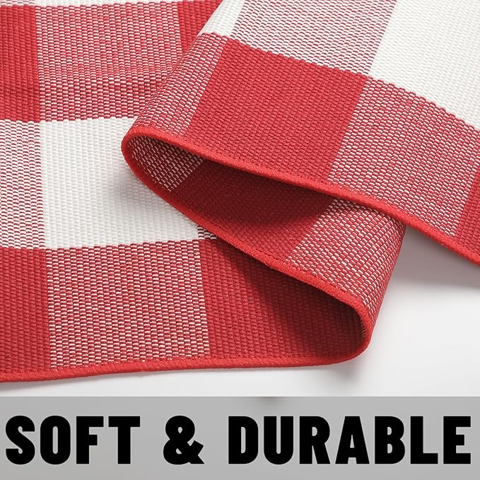 SEEKSEE Cotton Buffalo Plaid Rug 4'x6' Red and White Checked Rug Washable Doormats Indoor Outdoor Rugs for Layered Front Door Mats, Porch, Kitchen, Farmhouse, Entryway