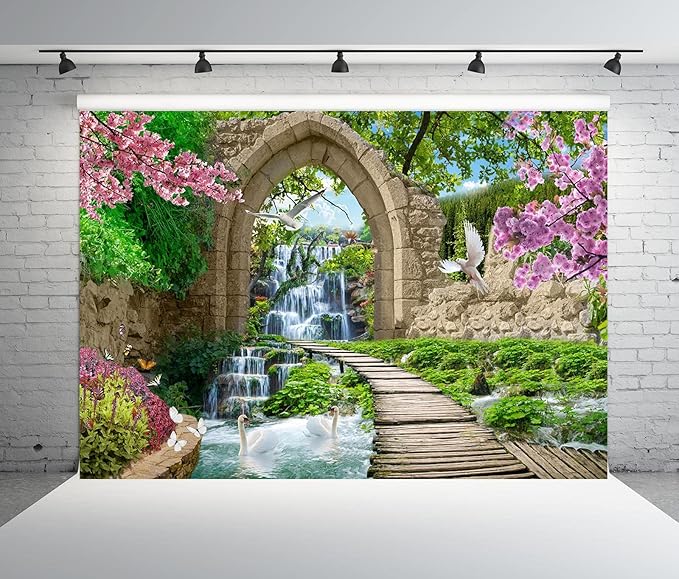 BELECO 15x10ft Fabric Romantic Garden Backdrop Mountain Waterfall Blooming Cherry Blossoms Dove Swan Lake River Bridge Wonderland Background Home Wall Decor Birthday Wedding Photoshoot Studio Props