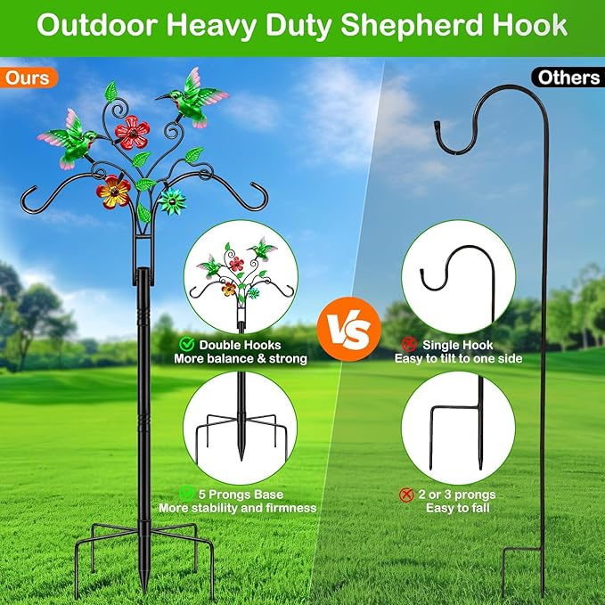 Double Shepherds Hooks for Outdoor, 78 Inch Bird Feeder Pole with 5 Prongs Base, Adjustable Heavy Duty Plant Hangers Hummingbird Art for Outdoor Plants Hummingbird Feeder Hanging Baskets Lantern