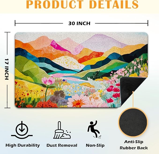 JINYO Abstract Boho Door Mat, Watercolor Boho Mountain Wildflowers Floral Door Mats for Front Door Porch Outdoor Indoor Entrance Entryway, Colorful Floral Bath Mat for Bathroom, 17x30 Inch