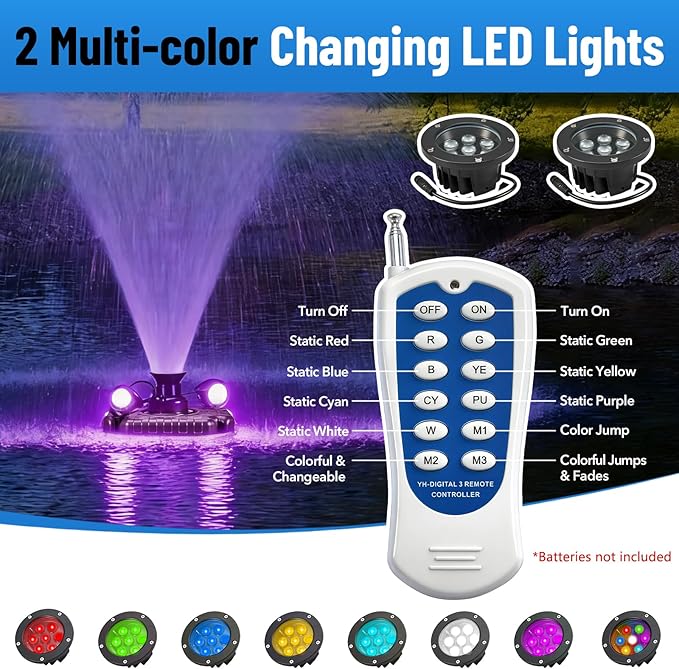 Pond Fountain Aerator with Lights, 1HP 15000 GPH Stainless Steel Floating Fountain with Timer, 100 FT Power Cord, 110V 750W, for Outdoor Backyard Water Garden