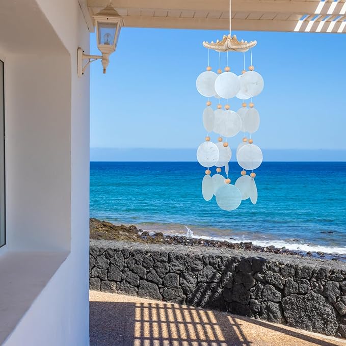 Seashells Wind Chimes - Handcrafted White Capiz Shells Windchime with Starfish, Bohemian & Coastal Style Decor for Indoor/Outdoors, Garden Decor, Great Gift for Women, Wind Chimes Lovers and More